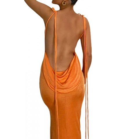 Womens Tie Back Backless Bodycon Long Dress Spaghetti Strap Low Neck Sleeveless Wrap Maxi Dresses Orange $11.61 Dresses