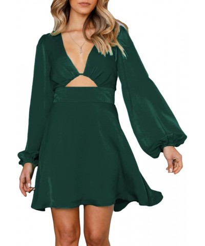 Women's Satin Long Sleeve Cut Out Mini Dress Silk Lantern Sleeve V Neck A-line Sexy Cocktail Short Dress for 2023… Emerald $2...