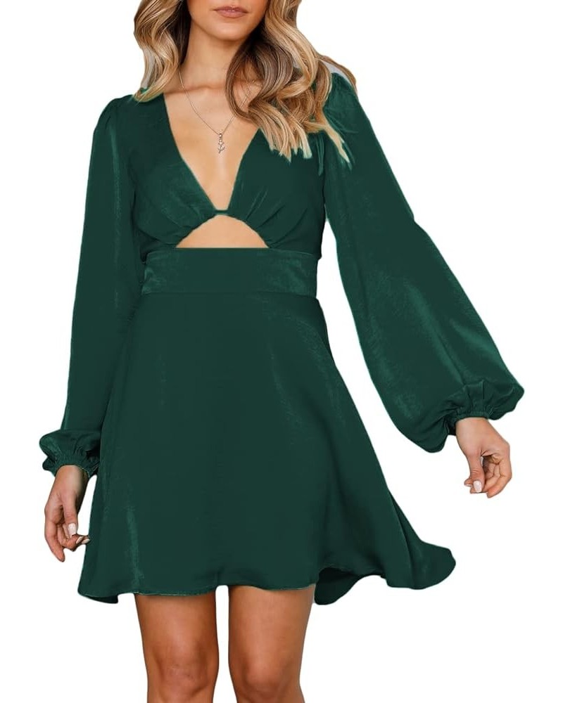 Women's Satin Long Sleeve Cut Out Mini Dress Silk Lantern Sleeve V Neck A-line Sexy Cocktail Short Dress for 2023… Emerald $2...