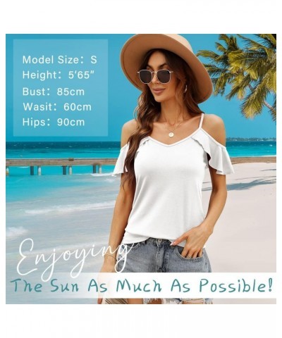 Women Summer Cold Shoulder Tops Loose V Neck Short Sleeve Blouses Sexy Casual Ruffle Sleeves Tunic Shirts S-XXL A-white $13.5...