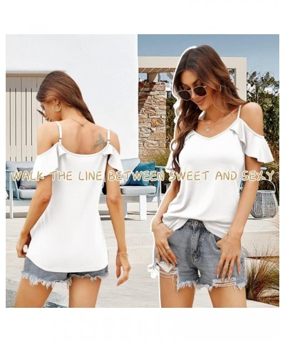 Women Summer Cold Shoulder Tops Loose V Neck Short Sleeve Blouses Sexy Casual Ruffle Sleeves Tunic Shirts S-XXL A-white $13.5...