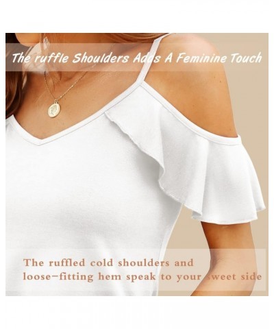 Women Summer Cold Shoulder Tops Loose V Neck Short Sleeve Blouses Sexy Casual Ruffle Sleeves Tunic Shirts S-XXL A-white $13.5...