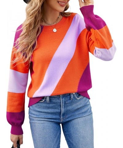 Women Sweater Long Sleeve - 2024 Fall Striped Round Neck Pullover Knit Tops Cute Casual Color Block Sweaters 363 Rose Pink $1...