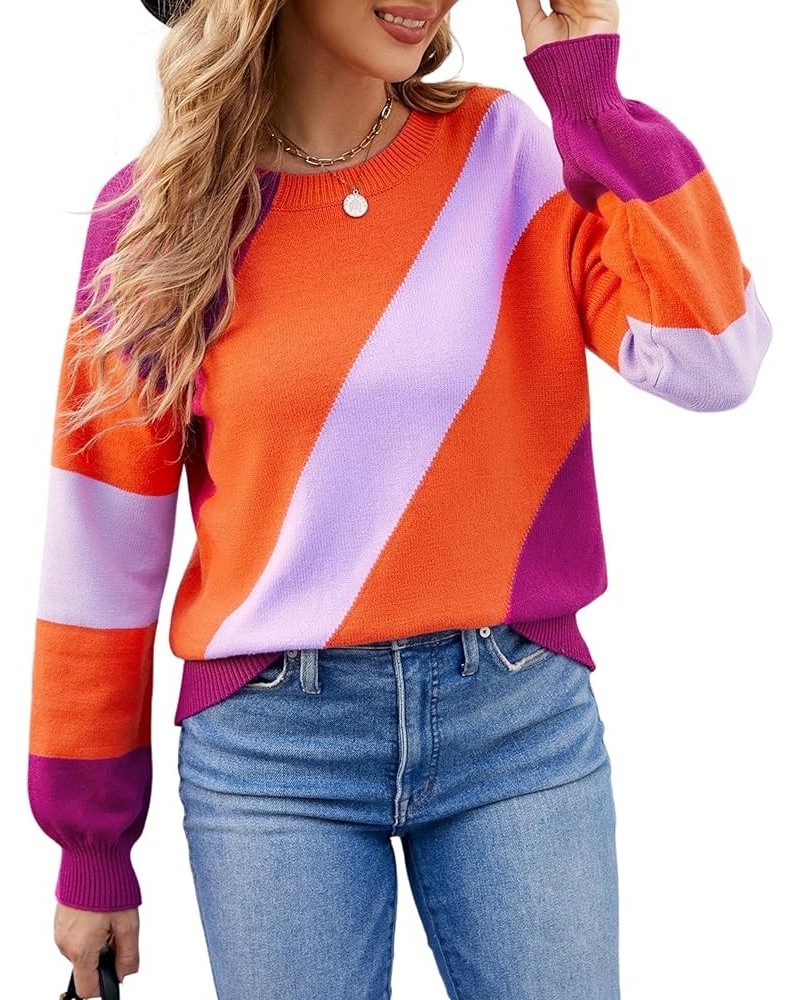 Women Sweater Long Sleeve - 2024 Fall Striped Round Neck Pullover Knit Tops Cute Casual Color Block Sweaters 363 Rose Pink $1...