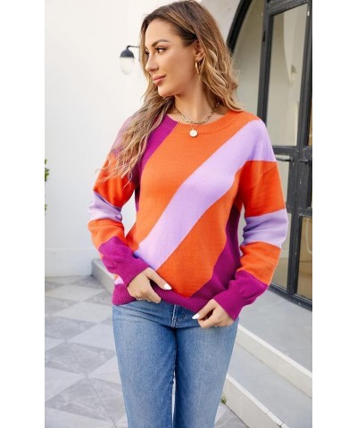 Women Sweater Long Sleeve - 2024 Fall Striped Round Neck Pullover Knit Tops Cute Casual Color Block Sweaters 363 Rose Pink $1...