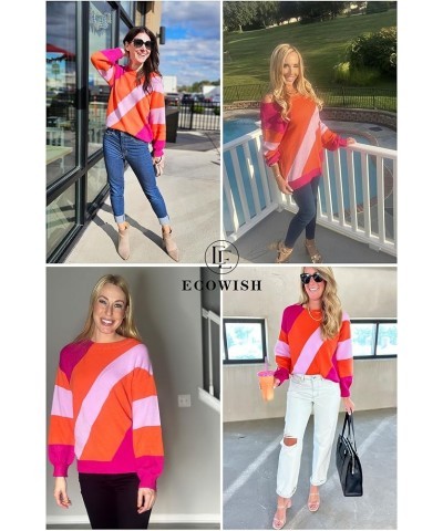 Women Sweater Long Sleeve - 2024 Fall Striped Round Neck Pullover Knit Tops Cute Casual Color Block Sweaters 363 Rose Pink $1...