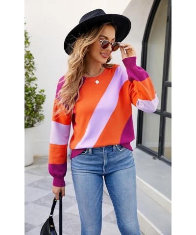 Women Sweater Long Sleeve - 2024 Fall Striped Round Neck Pullover Knit Tops Cute Casual Color Block Sweaters 363 Rose Pink $1...