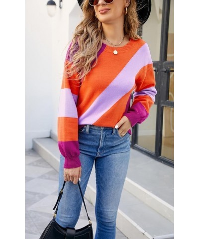 Women Sweater Long Sleeve - 2024 Fall Striped Round Neck Pullover Knit Tops Cute Casual Color Block Sweaters 363 Rose Pink $1...