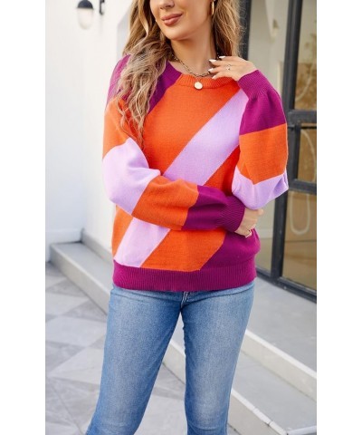 Women Sweater Long Sleeve - 2024 Fall Striped Round Neck Pullover Knit Tops Cute Casual Color Block Sweaters 363 Rose Pink $1...