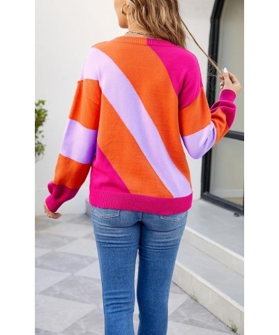 Women Sweater Long Sleeve - 2024 Fall Striped Round Neck Pullover Knit Tops Cute Casual Color Block Sweaters 363 Rose Pink $1...