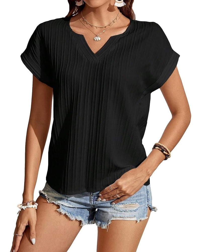 Women's Casual Notched V Neck Short Sleeve Solid Work Office Blouse Top Black $9.89 Blouses