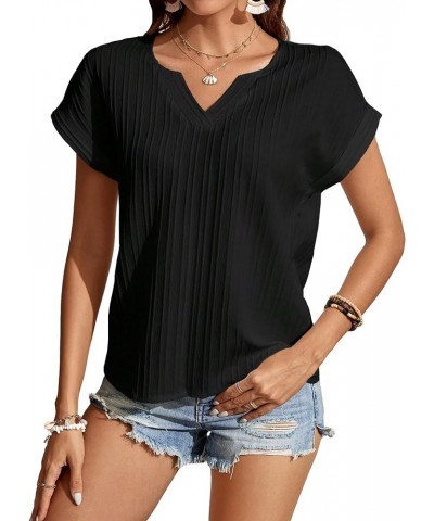 Women's Casual Notched V Neck Short Sleeve Solid Work Office Blouse Top Black $9.89 Blouses