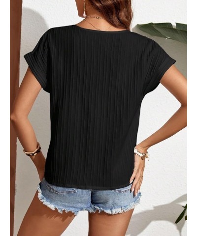 Women's Casual Notched V Neck Short Sleeve Solid Work Office Blouse Top Black $9.89 Blouses