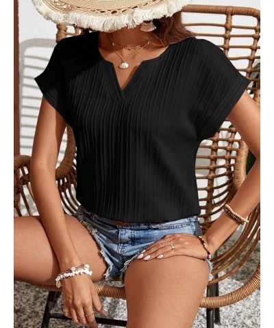 Women's Casual Notched V Neck Short Sleeve Solid Work Office Blouse Top Black $9.89 Blouses