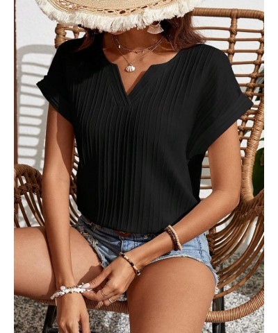 Women's Casual Notched V Neck Short Sleeve Solid Work Office Blouse Top Black $9.89 Blouses