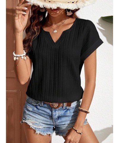 Women's Casual Notched V Neck Short Sleeve Solid Work Office Blouse Top Black $9.89 Blouses