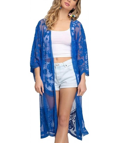 Women's Flowy Bathing Suit Kimono Cardigan Lace Crochet Swimwear Floral Cover Ups E19-royal Blue $13.12 Swimsuits