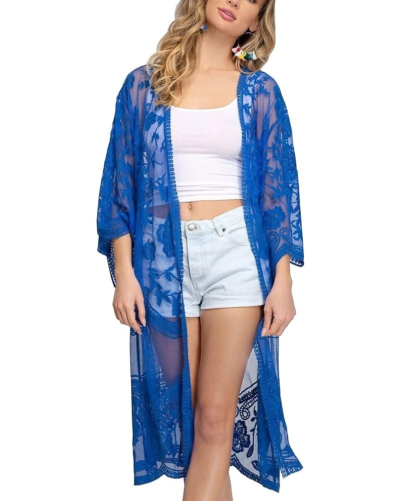 Women's Flowy Bathing Suit Kimono Cardigan Lace Crochet Swimwear Floral Cover Ups E19-royal Blue $13.12 Swimsuits