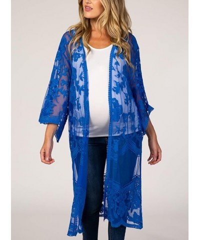 Women's Flowy Bathing Suit Kimono Cardigan Lace Crochet Swimwear Floral Cover Ups E19-royal Blue $13.12 Swimsuits