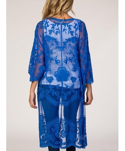 Women's Flowy Bathing Suit Kimono Cardigan Lace Crochet Swimwear Floral Cover Ups E19-royal Blue $13.12 Swimsuits