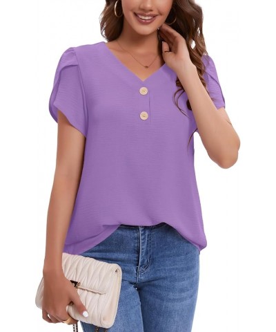 Womens Summer T Shirts Casual Short Sleeve Tops Trendy Blouses V Neck Tunic B:light Purple $10.19 Tops