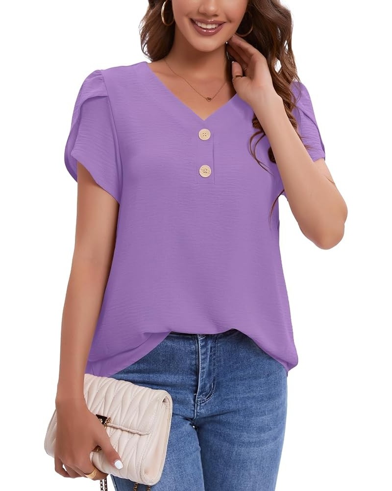 Womens Summer T Shirts Casual Short Sleeve Tops Trendy Blouses V Neck Tunic B:light Purple $10.19 Tops