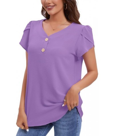 Womens Summer T Shirts Casual Short Sleeve Tops Trendy Blouses V Neck Tunic B:light Purple $10.19 Tops