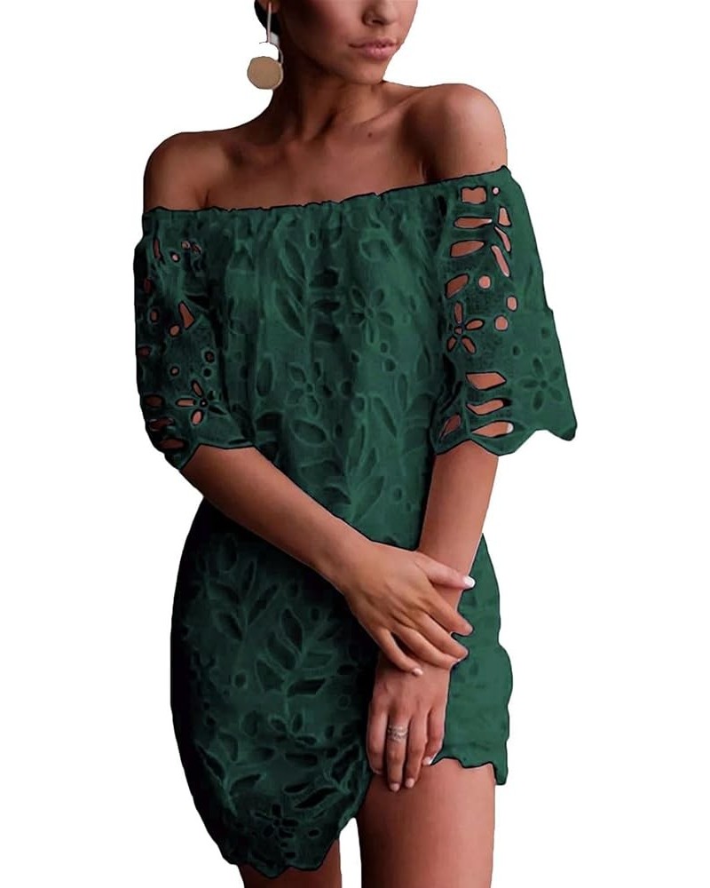 Women's Summer Off Shoulder Vintage Floral Lace Flare Short Sleeve Loose Elegant Mini Dress Green $26.45 Dresses