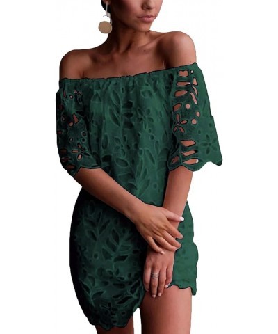 Women's Summer Off Shoulder Vintage Floral Lace Flare Short Sleeve Loose Elegant Mini Dress Green $26.45 Dresses