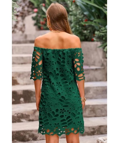 Women's Summer Off Shoulder Vintage Floral Lace Flare Short Sleeve Loose Elegant Mini Dress Green $26.45 Dresses