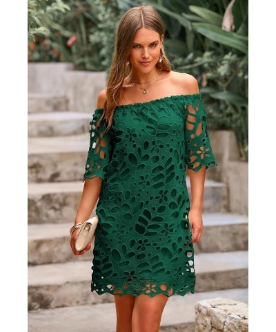 Women's Summer Off Shoulder Vintage Floral Lace Flare Short Sleeve Loose Elegant Mini Dress Green $26.45 Dresses