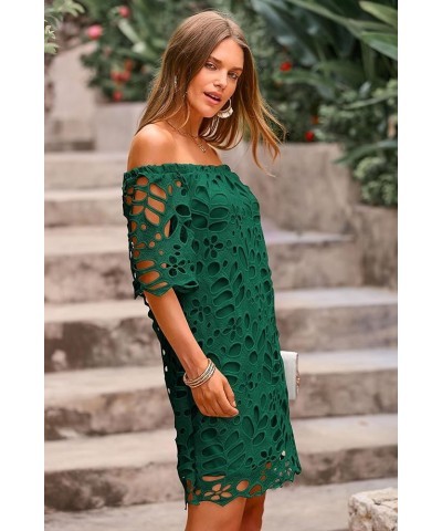 Women's Summer Off Shoulder Vintage Floral Lace Flare Short Sleeve Loose Elegant Mini Dress Green $26.45 Dresses