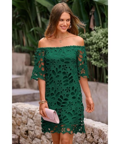 Women's Summer Off Shoulder Vintage Floral Lace Flare Short Sleeve Loose Elegant Mini Dress Green $26.45 Dresses