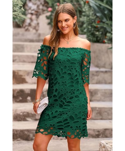 Women's Summer Off Shoulder Vintage Floral Lace Flare Short Sleeve Loose Elegant Mini Dress Green $26.45 Dresses