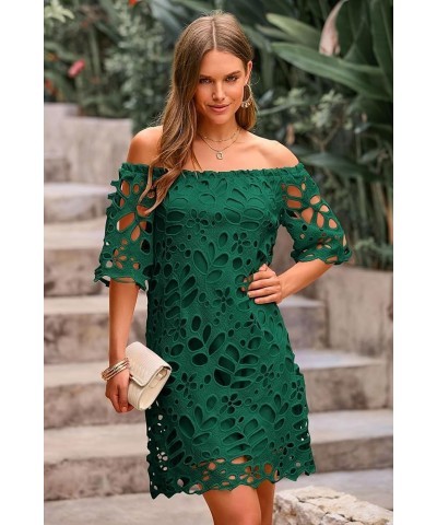 Women's Summer Off Shoulder Vintage Floral Lace Flare Short Sleeve Loose Elegant Mini Dress Green $26.45 Dresses