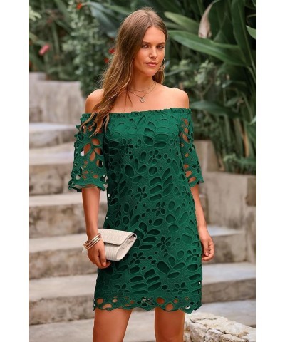 Women's Summer Off Shoulder Vintage Floral Lace Flare Short Sleeve Loose Elegant Mini Dress Green $26.45 Dresses