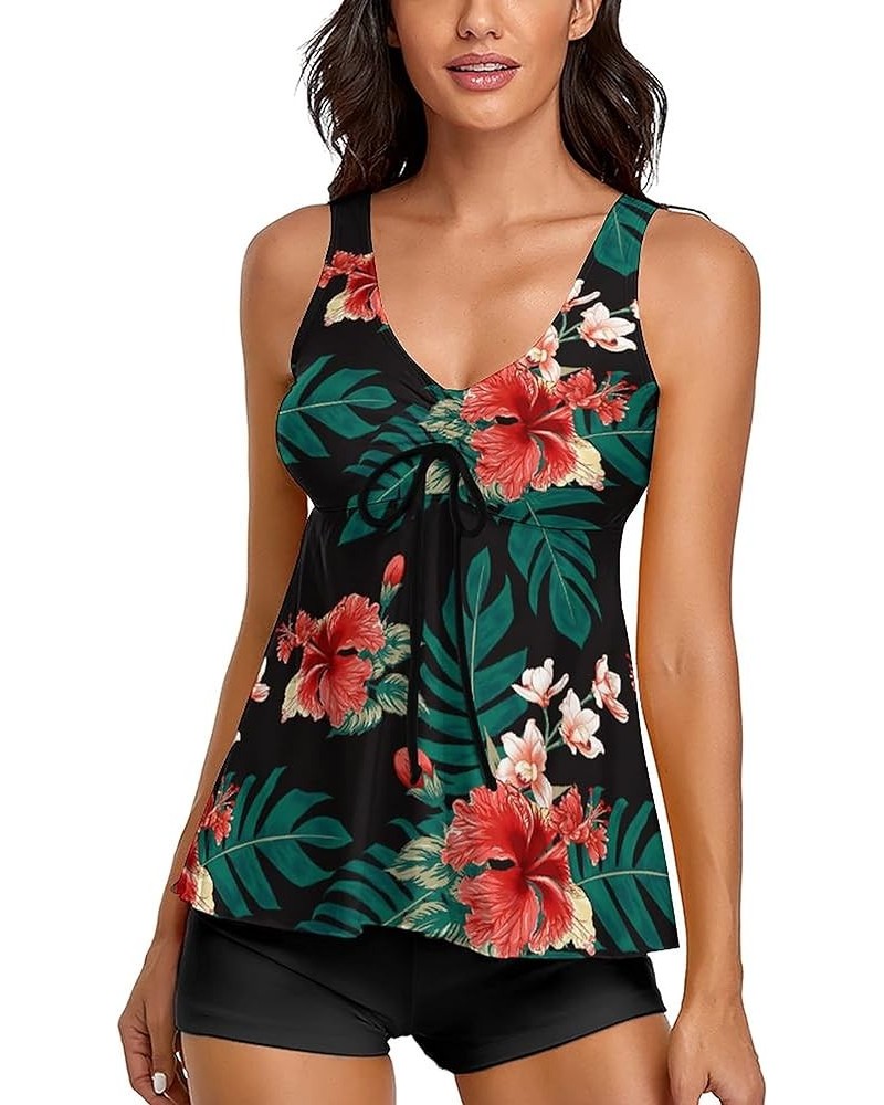 Modest Tankini Swimsuits for Women Two Piece Bathing Suits Floral Print Tank Top with Boyshorts Green $19.22 Swimsuits