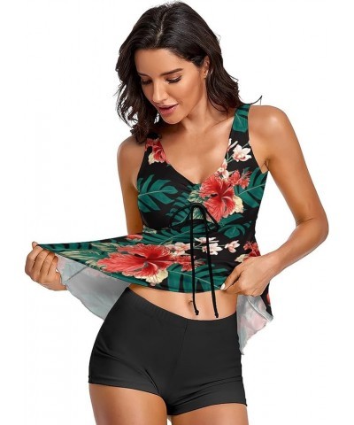 Modest Tankini Swimsuits for Women Two Piece Bathing Suits Floral Print Tank Top with Boyshorts Green $19.22 Swimsuits