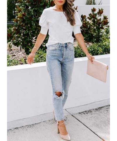 Women's Casual Tops Puff Sleeve Loose Blouses T Shirts White $8.99 T-Shirts