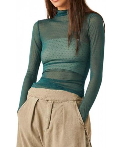 Women Long Sleeve Crop Top Shirts See Through Mesh Tops Turtleneck Slim Fit Basic Y2K Tops Green $6.26 T-Shirts