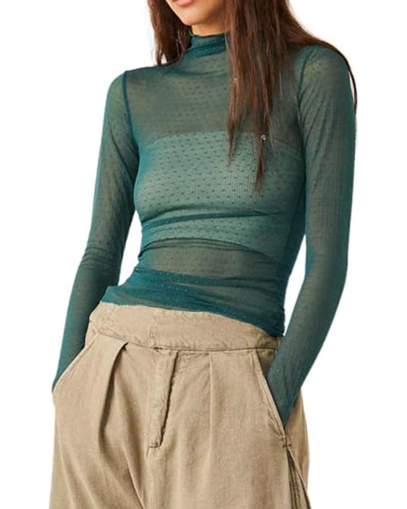 Women Long Sleeve Crop Top Shirts See Through Mesh Tops Turtleneck Slim Fit Basic Y2K Tops Green $6.26 T-Shirts