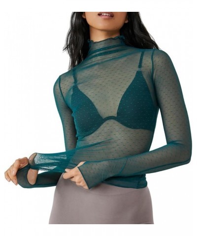 Women Long Sleeve Crop Top Shirts See Through Mesh Tops Turtleneck Slim Fit Basic Y2K Tops Green $6.26 T-Shirts