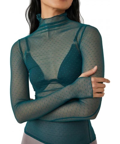 Women Long Sleeve Crop Top Shirts See Through Mesh Tops Turtleneck Slim Fit Basic Y2K Tops Green $6.26 T-Shirts