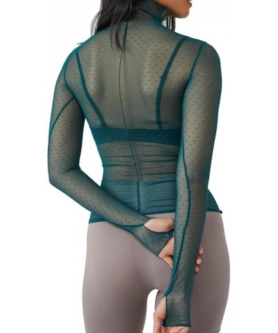 Women Long Sleeve Crop Top Shirts See Through Mesh Tops Turtleneck Slim Fit Basic Y2K Tops Green $6.26 T-Shirts