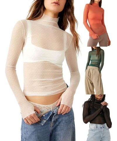 Women Long Sleeve Crop Top Shirts See Through Mesh Tops Turtleneck Slim Fit Basic Y2K Tops Green $6.26 T-Shirts