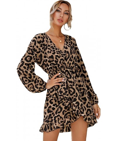 Women's Leopard Print Wrap V Neck Long Sleeve Ruffle Hem A Line Mini Dress A Brown Multi $14.26 Dresses