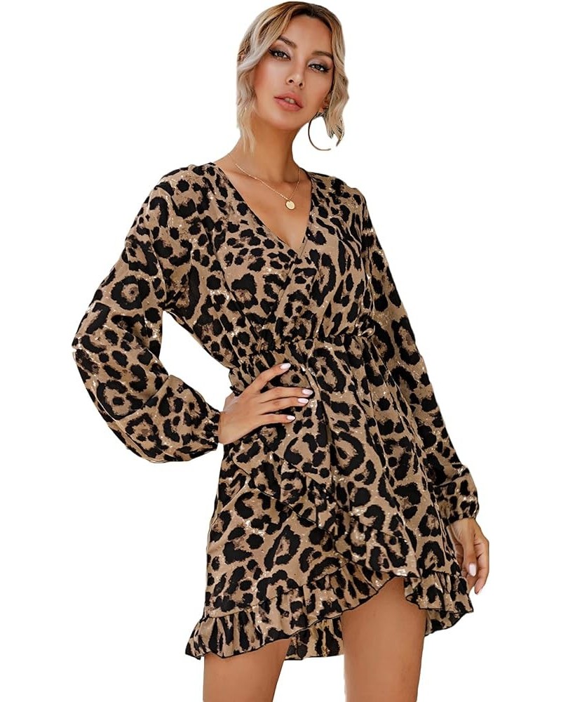 Women's Leopard Print Wrap V Neck Long Sleeve Ruffle Hem A Line Mini Dress A Brown Multi $14.26 Dresses