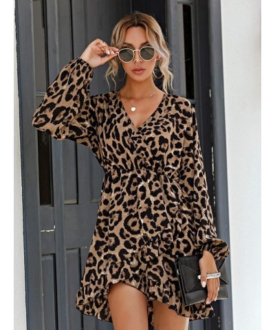 Women's Leopard Print Wrap V Neck Long Sleeve Ruffle Hem A Line Mini Dress A Brown Multi $14.26 Dresses