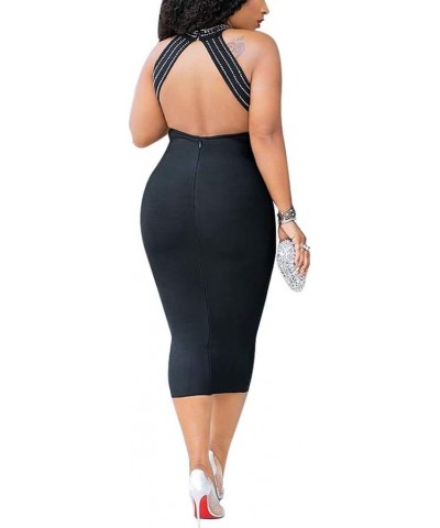 Women's Sexy Mesh See Through Rhinestone Bodycon Zipper Midi Dress Clubwear Outfit Black05 $16.92 Dresses