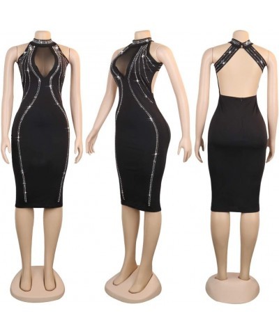 Women's Sexy Mesh See Through Rhinestone Bodycon Zipper Midi Dress Clubwear Outfit Black05 $16.92 Dresses